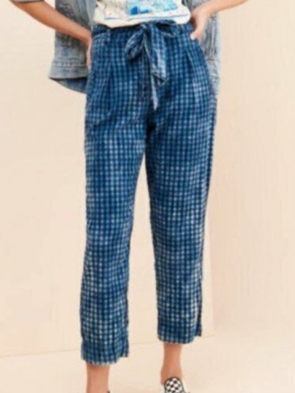 Anthropologie Maeve Avryl Bleached Gingham Pants Blue Size‎ 6 High Rise Tapered